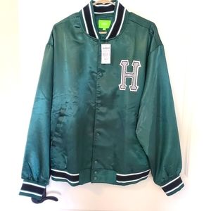 NWT Huf Crackerjack baseball jacket.  Green gray black striping sz M